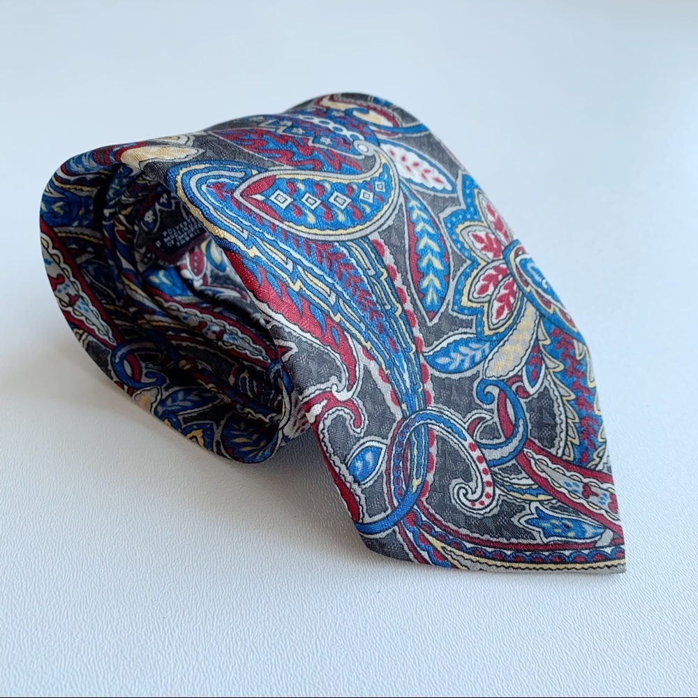 Christian Dior Monsieur 100% Printed Polyester Tie Paisley Gray Blue Red Yellow